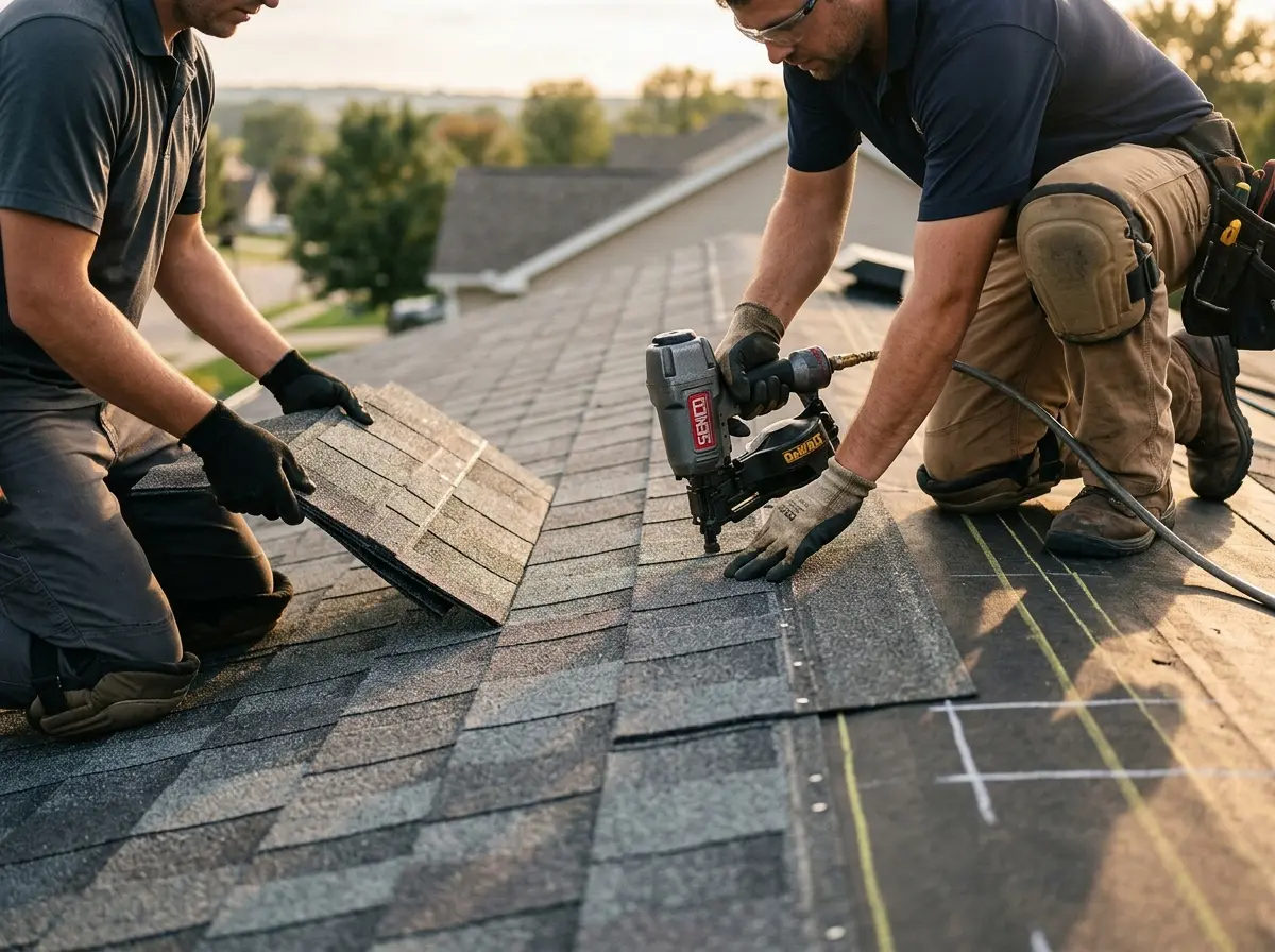 Professional roofer working on a residential roof in Roma